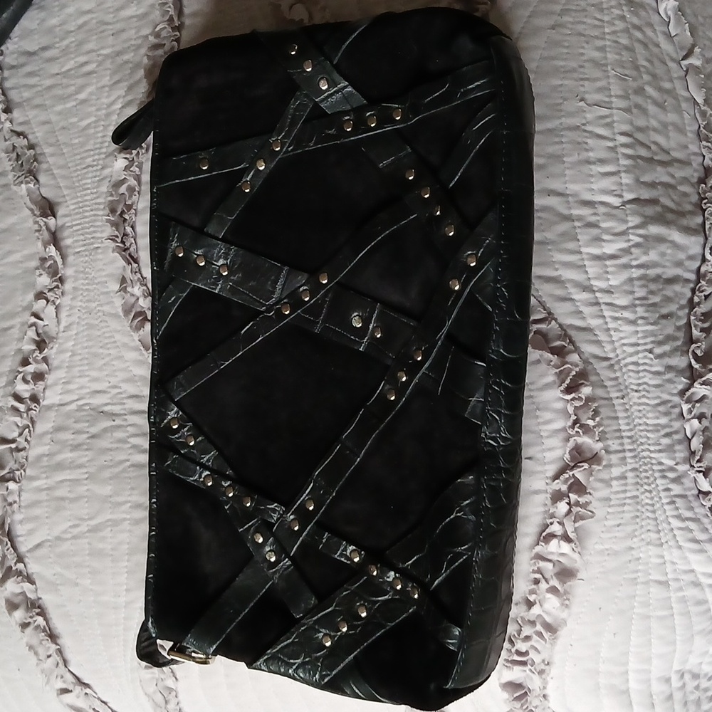DonaldJ.Pliner#SuedeLeatherBlkClutch, Stud Accents,VibrantPinkLining&Leather